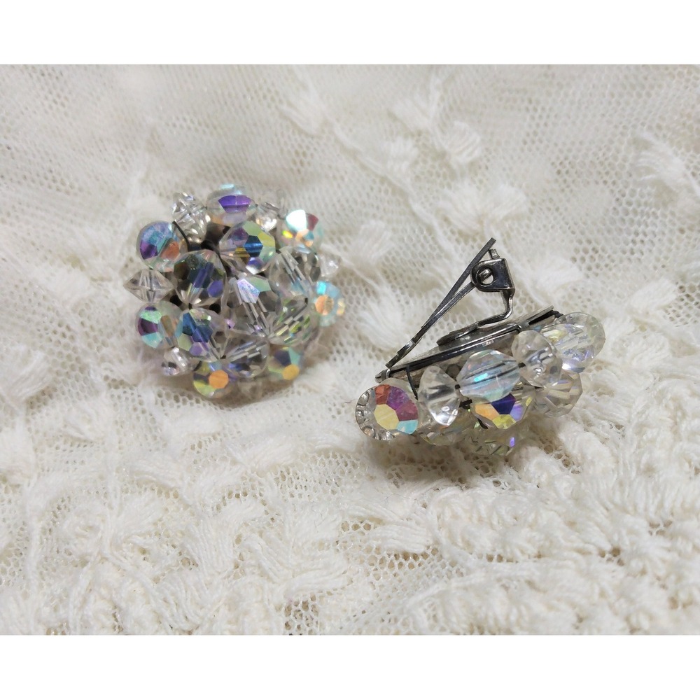 Vintage Aurora Borealis Crystal Cluster Clip On Earrings Iridescent Silver Tone